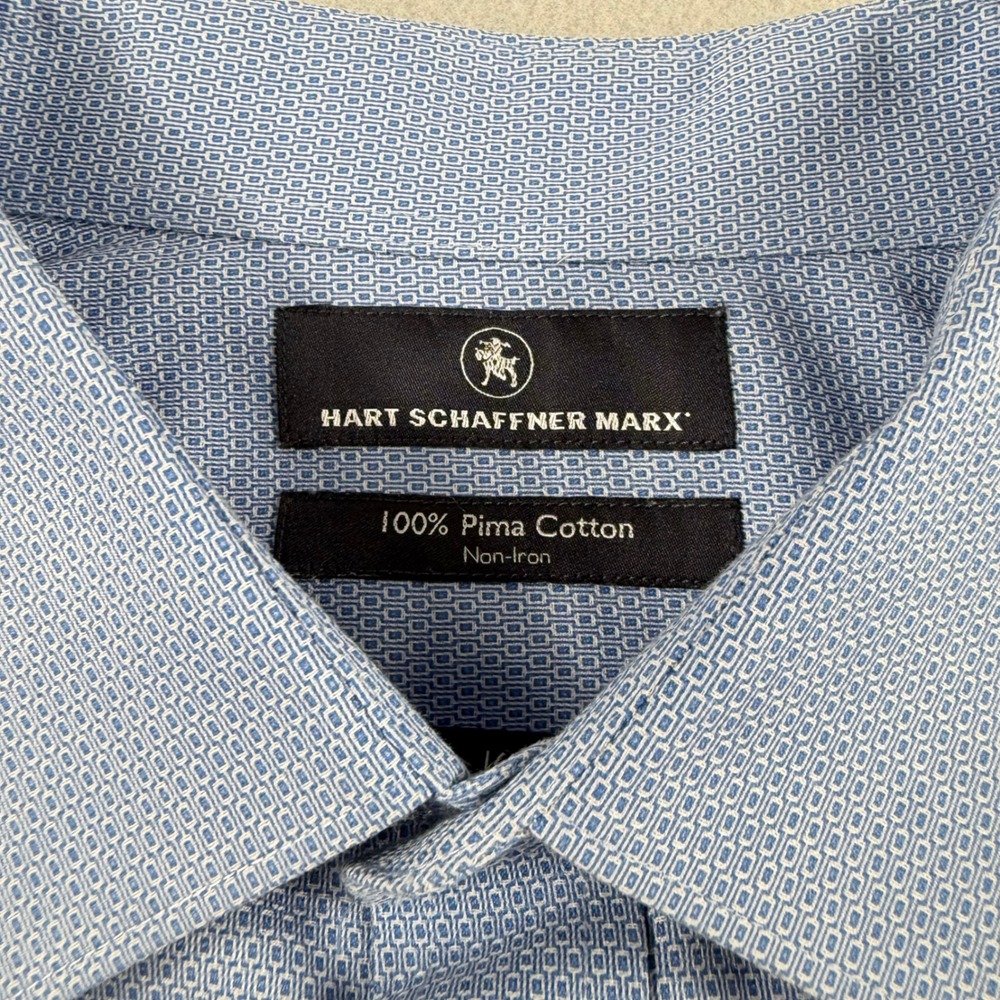 Hart Schaffner Marx Mens 16.5 33 Pima Cotton Non-Iron Blue Geometric Dress Shirt - Picture 3 of 11
